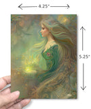 Dimensions. Goddess art story card with quote and lore of Elowen of the Woodland Realm on the inside by Primal Painter. Earth tones. 
