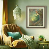 Fantasy art print of an elven lightbringer in soft earth tones, yellow light, and floral elements by Primal Painter hanging over a chair