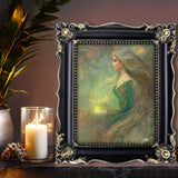 Fantasy art print of an elven lightbringer in soft earth tones, yellow light, and floral elements by Primal Painter displayed on a shelf