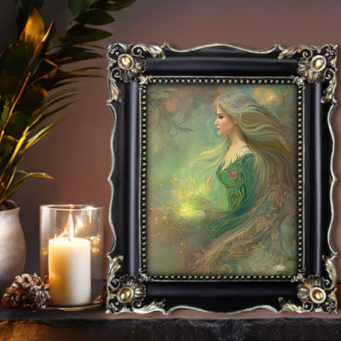 Fantasy art print of an elven lightbringer in soft earth tones, yellow light, and floral elements by Primal Painter displayed on a shelf