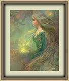 Fantasy art print of an elven lightbringer in soft earth tones, yellow light, and floral elements by Primal Painter, matted and framed