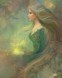 Fantasy art print of an elven lightbringer in soft earth tones, yellow light, and floral elements by Primal Painter