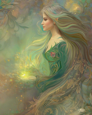 Fantasy art print of an elven lightbringer in soft earth tones, yellow light, and floral elements by Primal Painter