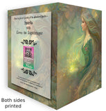 Front and back spread view. Goddess art story card with quote and lore of Elowen of the Woodland Realm on the inside by Primal Painter. Earth tones. 