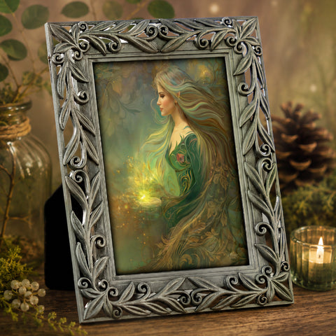 Framed mini goddess print of Elowen of the Woodland Realm by Primal Painter. Earth tones. 
