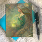 Goddess art story card with quote and lore of Elowen of the Woodland Realm on the inside by Primal Painter. Earth tones. 
