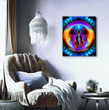 Stretched canvas print featuring a colorful, abstract Reiki angel figure in a circular form, designed by Primal Painter. Hanging over a chair