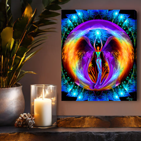 Stretched canvas print featuring a colorful, abstract Reiki angel figure in a circular form, designed by Primal Painter. Hanging over a shelf