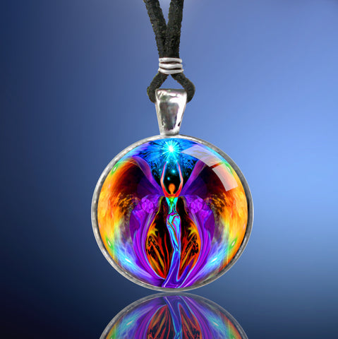 This is a handmade rainbow angel necklace in the energy art line of reiki jewelry by Primal Painter
