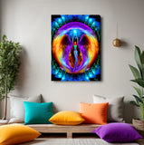 Stretched canvas print featuring a colorful, abstract Reiki angel figure in a circular form, designed by Primal Painter. Hanging over a meditation bench