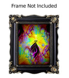 Abstract multicolored wall art featuring a stylized female figure with a halo above, surrounded by vibrant, swirling patterns of various colors. Rainbow art by Primal Painter. Framed with text Frame Not Included
