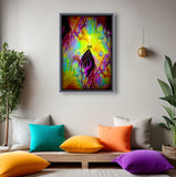 Abstract multicolored wall art featuring a stylized female figure with a halo above, surrounded by vibrant, swirling patterns of various colors. Rainbow art by Primal Painter. Framed hanging over a meditation space with colorful pillows