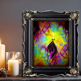 Abstract multicolored wall art featuring a stylized female figure with a halo above, surrounded by vibrant, swirling patterns of various colors. Rainbow art by Primal Painter. Framed on a shelf with candles