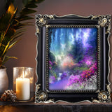 Landscape Impressionist Art Print, Rainbow Fantasy Dreamscape, flowers, water, fairies, dreamy - "The Fairy Realm" by Primal Painter. Sitting on a shelf with a candle