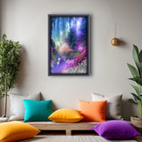 Landscape Impressionist Art Print, Rainbow Fantasy Dreamscape, flowers, water, fairies, dreamy - "The Fairy Realm" by Primal Painter. Framed and hanging over a meditation space with rainbow pillows