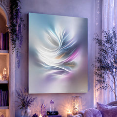 "Feathers and Wind" by Primal Painter is an abstract, pastel pink and blue minimalist zen canvas print displayed over a shelf with a candle