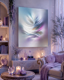 "Feathers and Wind" by Primal Painter is an abstract, pastel pink and blue minimalist zen canvas print displayed in a lavender room with crystals and candles