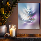 "Feathers and Wind" by Primal Painter is an abstract, pastel pink and blue minimalist zen canvas print displayed on a shelf with a candle
