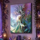 Garden fairy art canvas print with art nouveau floral elements in blue, teal, and purple by Primal Painter hanging on a purple wall with ivy and candles