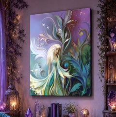 Garden fairy art canvas print with art nouveau floral elements in blue, teal, and purple by Primal Painter hanging on a purple wall with ivy and candles