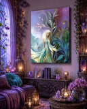 Garden fairy art canvas print with art nouveau floral elements in blue, teal, and purple by Primal Painter. Hanging in a mystical purple reading nook.