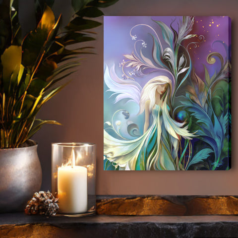 Garden fairy art canvas print with art nouveau floral elements in blue, teal, and purple by Primal Painter. Hanging over a wood shelf with a candle
