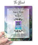 Back of a Greeting card of a white-haired, white winged fairy in a flowing dress against purple, blue and green art nouveau style foliage and flowers by Primal Painter