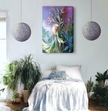 Garden fairy art canvas print with art nouveau floral elements in blue, teal, and purple by Primal Painter hanging over a bed