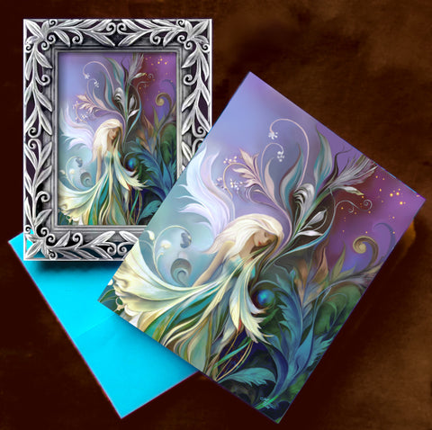 Framed pastel fairy in a garden artwork with art nouveau elements and a matching greeting card by Primal Painter. 