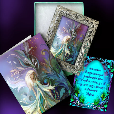 Framed Mini Fairy Art Print with a matching story card of lore and an affirmation card in a teal gift box
