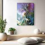 Garden fairy art canvas print with art nouveau floral elements in blue, teal, and purple by Primal Painter hanging over a meditation bench in a minimalistic sanctuary