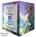 Open front and back of a Greeting card of a white-haired, white winged fairy in a flowing dress against purple, blue and green art nouveau style foliage and flowers by Primal Painter