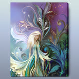 Garden fairy art canvas print with art nouveau floral elements in blue, teal, and purple by Primal Painter
