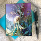 Greeting card of a pastel fairy in a garden with art nouveau designs by Primal Painter. 