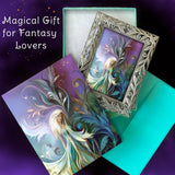 Framed pastel fairy in a garden with art nouveau designs with a jewelry box and a matching greeting card gift set for fantasy lovers by Primal Painter. 