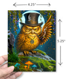 Dimensions of a funny greeting card with an outraged steampunk owl wearing a top hat and smoking a pipe, surrounded by mushrooms and foliage created by Primal Painter.