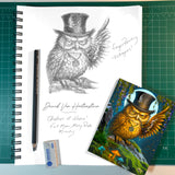 Pencil sketch of an outraged owl with his wing pointing in the air, wearing a tophat, with the finished full color greeting card on the bottom