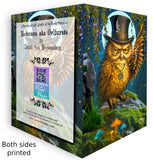 Front and back of a funny greeting card with an outraged owl wearing a top hat and smoking a pipe, surrounded by mushrooms and foliage created by Primal Painter.