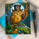 Funny greeting card with an outraged owl wearing a top hat and smoking a pipe, surrounded by mushrooms and foliage created by Primal Painter.