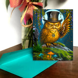 Funny steampunk greeting card with an outraged owl wearing a top hat and smoking a pipe, surrounded by mushrooms and foliage created by Primal Painter.