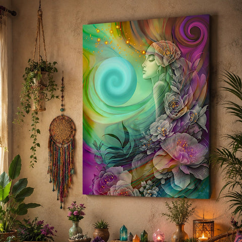 Rainbow goddess boho canvas art print with flowers and spirals by Primal Painter. Displayed on a tan wall. 