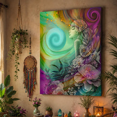 Rainbow goddess boho canvas art print with flowers and spirals by Primal Painter. Displayed on a tan wall. 