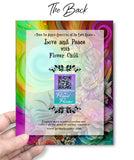 Back of a collectible story card featuring artwork of a flourish of colorful flowers surrounding a youthful goddess called Flower Child by Primal Painter. Title and Text