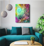 rainbow fantasy art canvas print by Primal Painter with pink and blue swirls, a young girl's profile with flowers in her hair, and a border of pastel flowers on a living room wall above a blue couch