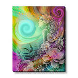 rainbow fantasy art  canvas print by Primal Painter with pink and blue swirls, a young girl's profile with flowers in her hair, and a border of pastel flowers