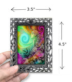 Dimensions of a Framed mini print  featuring rainbow goddess art called "Flower Child" by Primal Painte