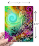 Dimensions of a Colorful story card with envelope  featuring rainbow goddess art called "Flower Child" by Primal Painte