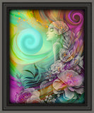 rainbow fantasy art by Primal Painter with pink and blue swirls, a young girl's profile with flowers in her hair, and a border of pastel flowers in a gray frame