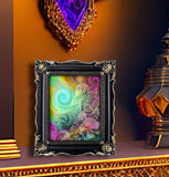 rainbow fantasy art by Primal Painter with pink and blue swirls, a young girl's profile with flowers in her hair, and a border of pastel flowers in a black ornate frame on a shelf