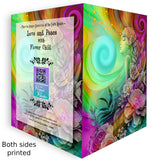 Front and back views Collectible story card featuring artwork of a flourish of colorful flowers surrounding a youthful goddess called Flower Child by Primal Painter